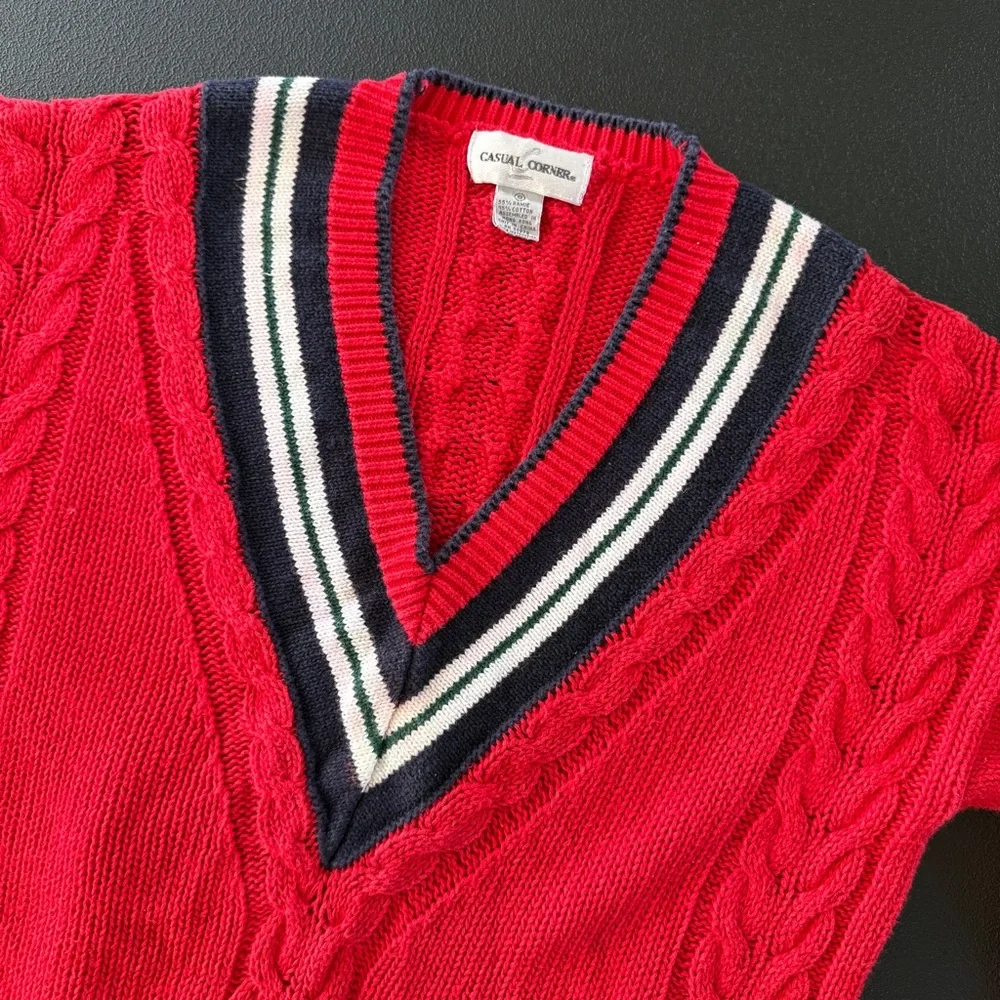 Casual Corner Sweater Womens Size Small Cable Knit Tennis‎ Pullover V Neck Red
